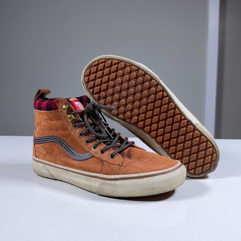Vans Sk8-Hi MTE Mens 6.5 Womens 8.5 Brown Suede Plaid Lining Weather Sneakers